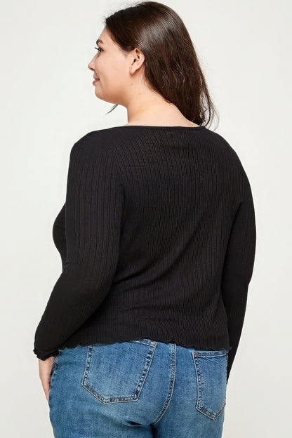 Solid Ribbed Pointelle Cardigan - Plus Size Clothing
