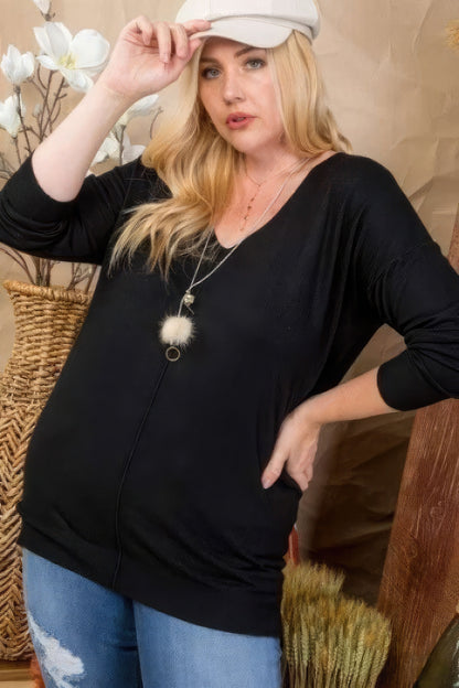 Plus Size V Neck 3/4 Sleeve Side Slit Hi-lo Sweater - Plus Size Clothing