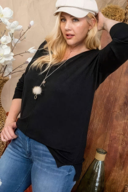 Plus Size V Neck 3/4 Sleeve Side Slit Hi-lo Sweater - Plus Size Clothing