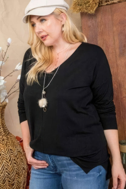 Plus Size V Neck 3/4 Sleeve Side Slit Hi-lo Sweater - Plus Size Clothing