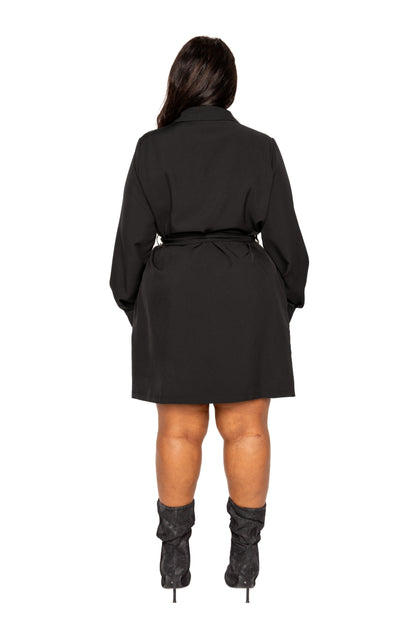 Satin Effect Belted Jacket Dress - Plus Size Clothing