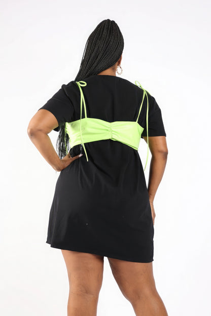 Matte Pu Bra Overlay T Shirt Dress - Plus Size Clothing