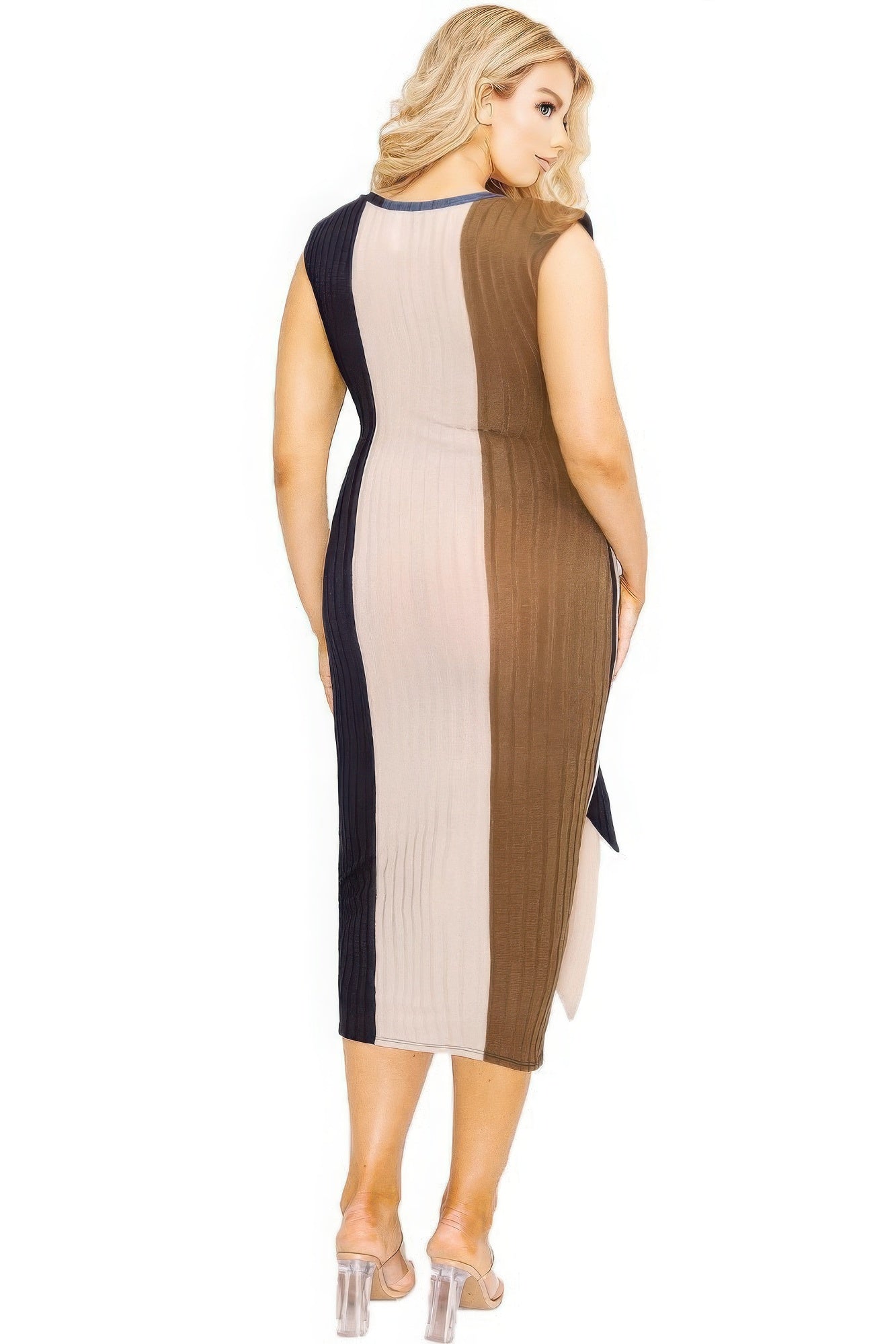 Plus knitted sleeveless colorblock waist tie dress