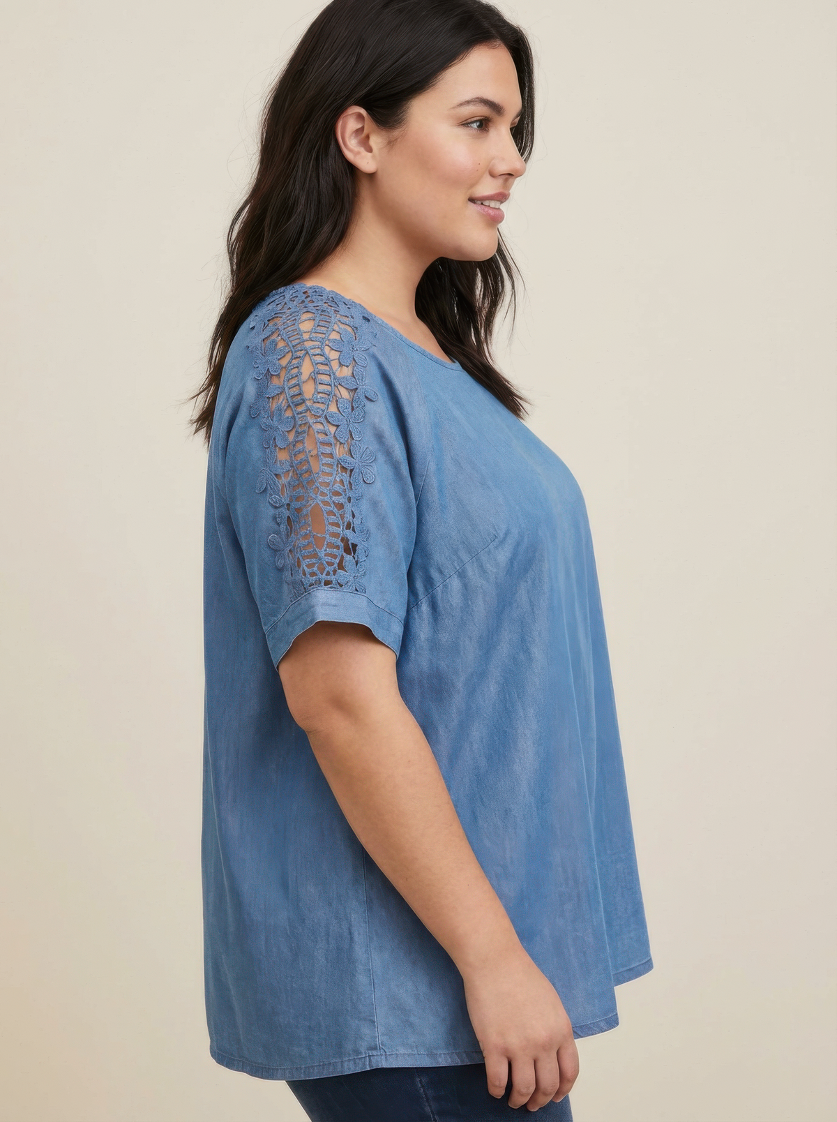 Plus Size Lace Sleeve Knit Top - Plus Size XL-4XL - View 2