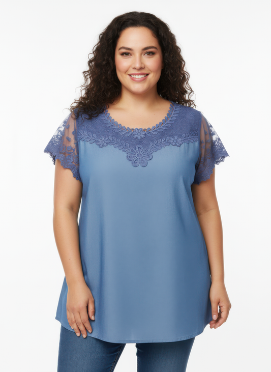 Plus Size Lace Yoke Flutter Sleeve Top - Plus Size XL-4XL - View 1