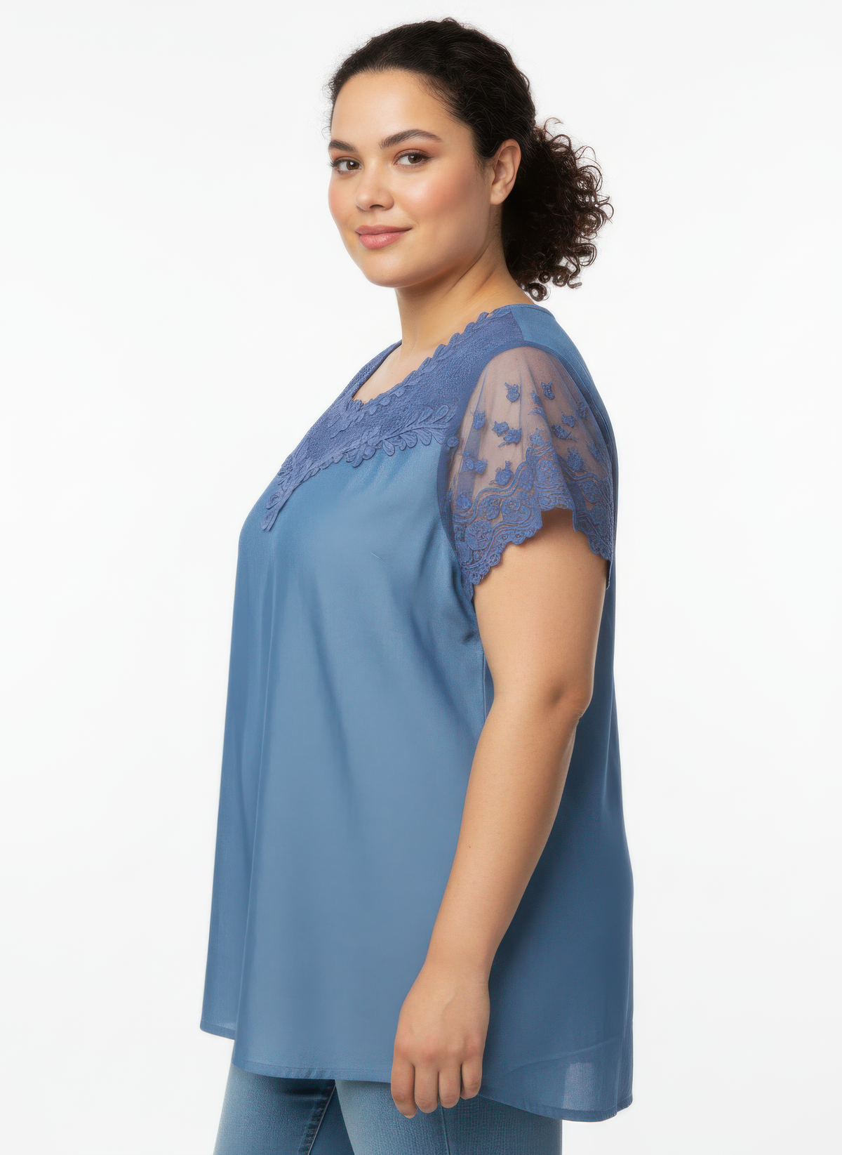 Plus Size Lace Yoke Flutter Sleeve Top - Plus Size XL-4XL - View 2