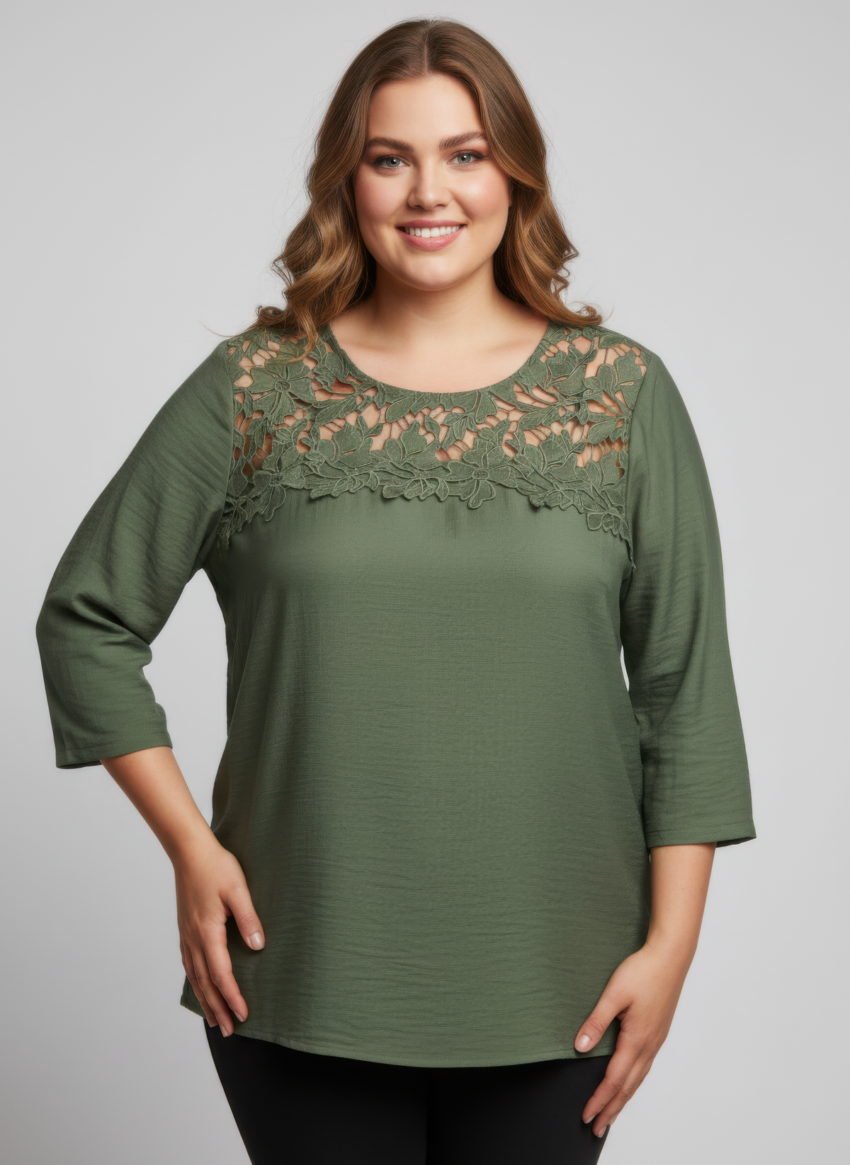 Plus Size Lace Yoke Knit Top - Plus Size XL-4XL - View 1