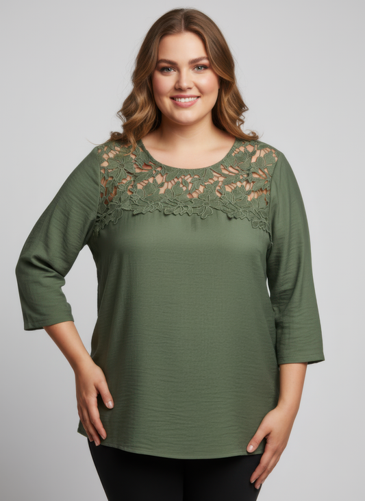 Plus Size Lace Yoke Knit Top - Plus Size XL-4XL - View 1