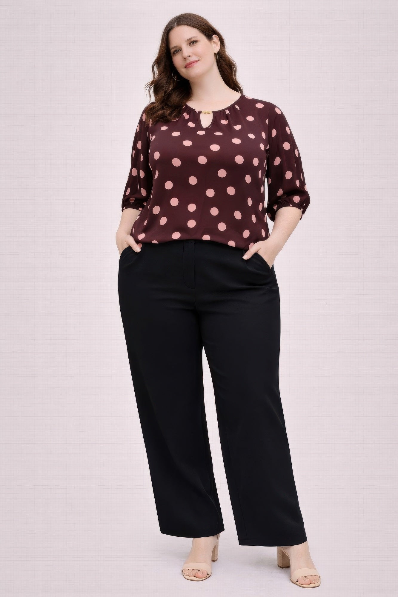 Plus Size Polka Dot Split-Neck Puff Sleeve Blouse - Plus Size XL-4XL