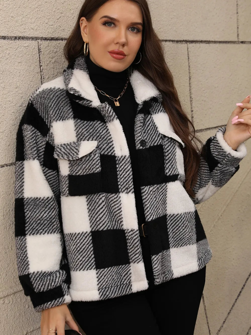 Plus Size Pocketed Plaid Collared Jacket