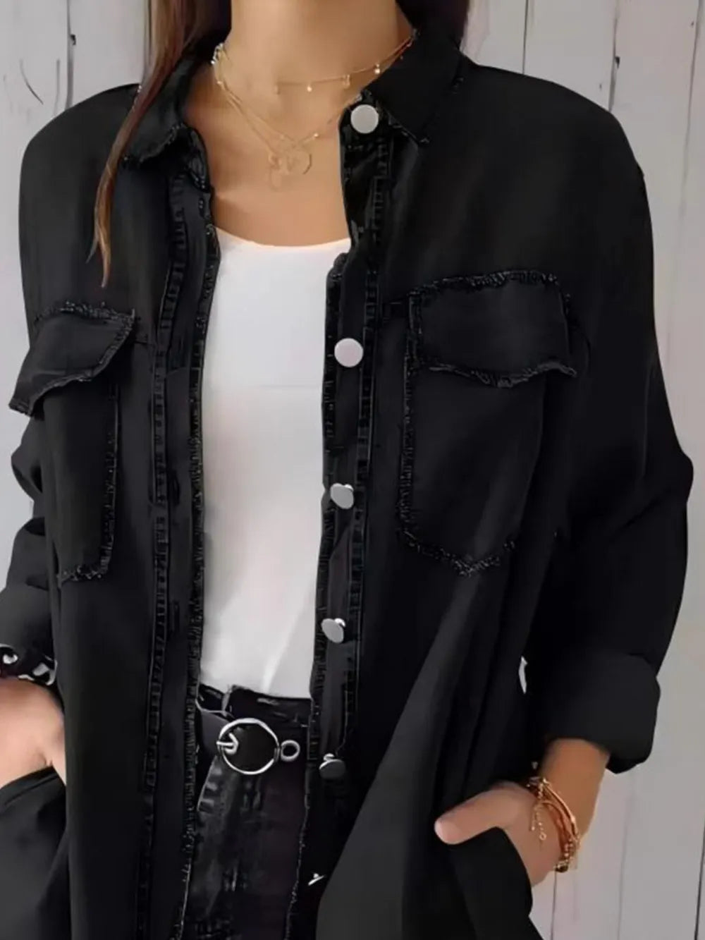 Plus Size Raw Hem Button Up Long Sleeve Denim Top