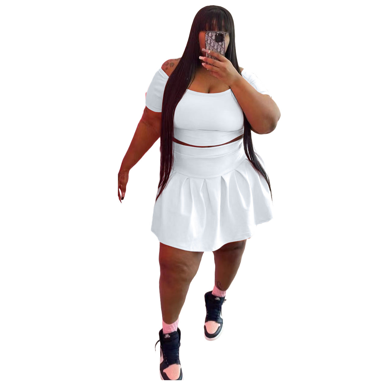 Plus Size Pleated Skirt Two Piece Set