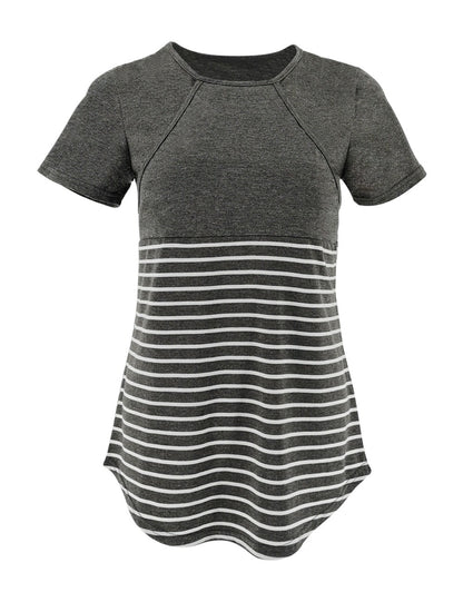 European and American fashion round neck short sleeved breastfeeding T-shirt with striped patchwork parent-child maternity wear - Plus Size Clothing