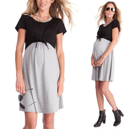 Summer short sleeved color matching maternity dress, breastfeeding lace up nursing suit - Plus Size Clothing