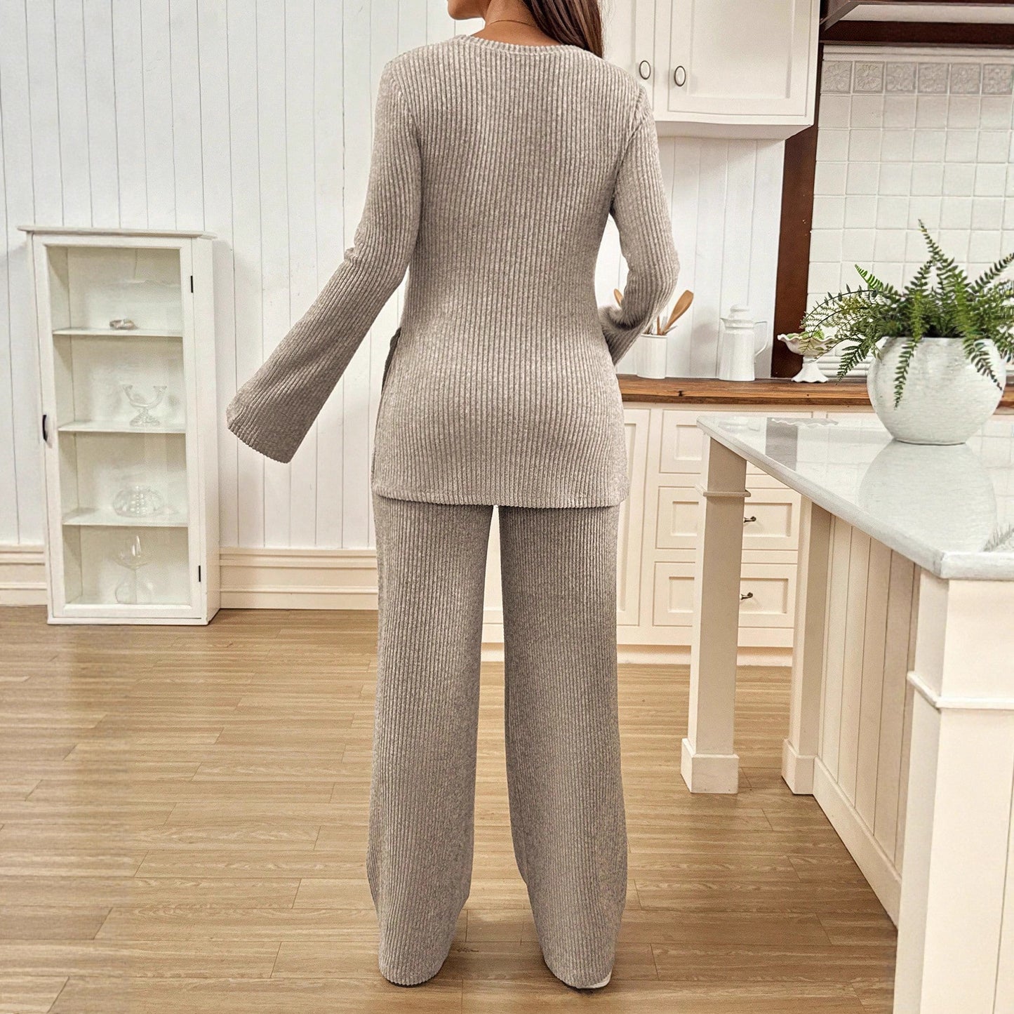 Flared Sleeve Side Slit Top with Knitted Maternity Pants Adjustable Waistband - Plus Size Clothing