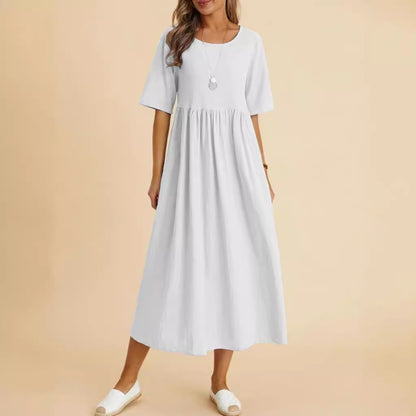 Plus Size Cotton Linen Round Neck Midi Dress