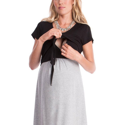 Summer short sleeved color matching maternity dress, breastfeeding lace up nursing suit - Plus Size Clothing