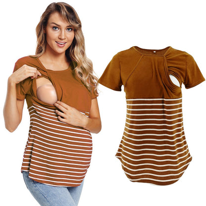 European and American fashion round neck short sleeved breastfeeding T-shirt with striped patchwork parent-child maternity wear - Plus Size Clothing