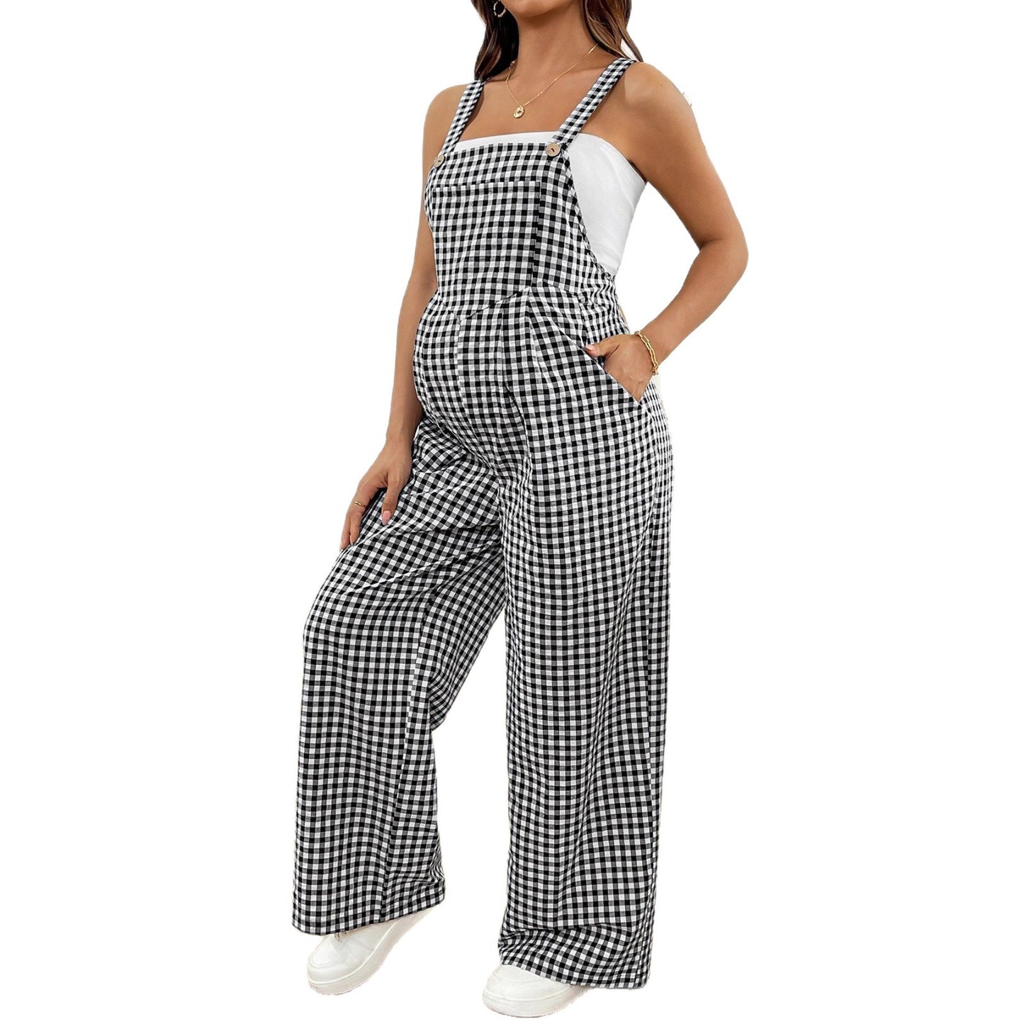 Plus Size Checkered Maternity Jumpsuit Loose Overalls