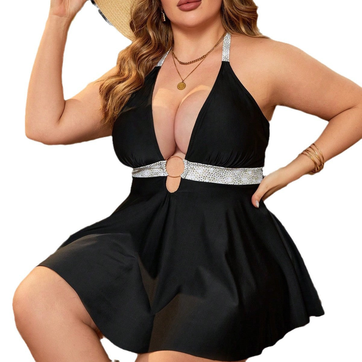 Plus Size Swimdress with Color-Blocking Waistband