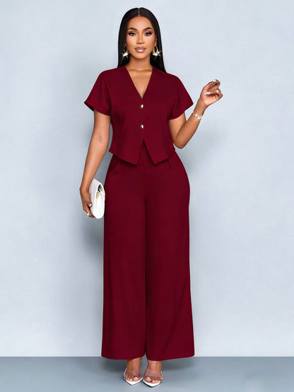 Plus Size V-Neck Cardigan Wide Leg Pants Two-Piece Set