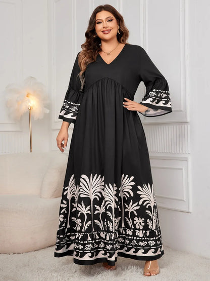 Plus Size Printed V-Neck Long Sleeve Maxi Dress - Plus Size Clothing