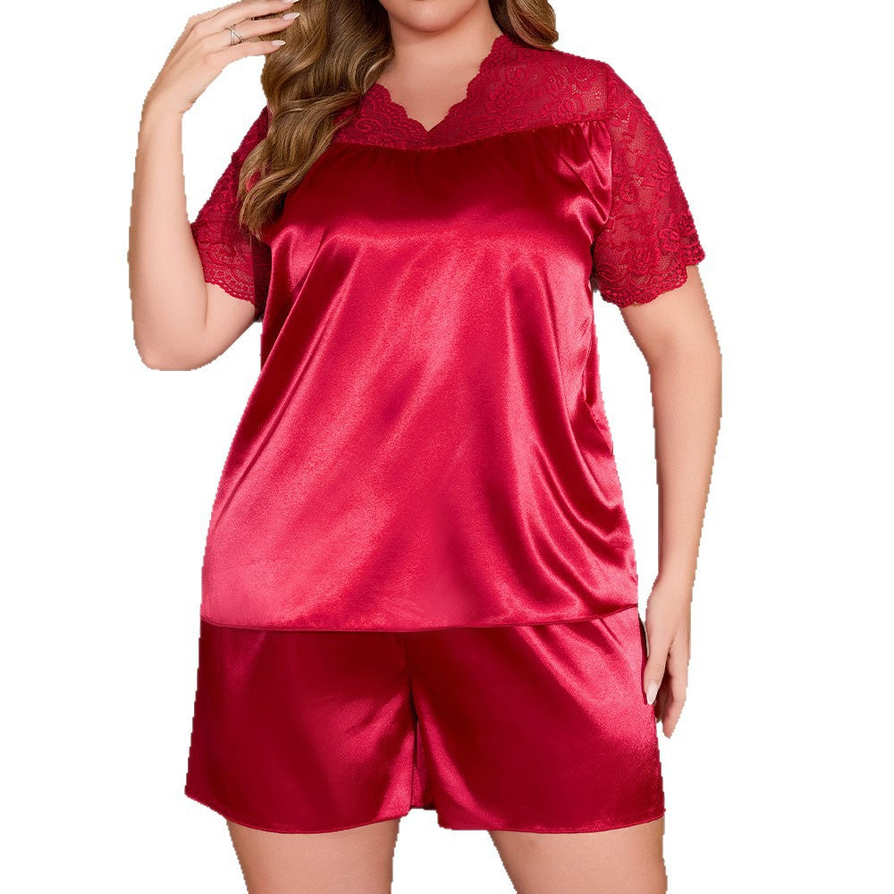 Plus Size Pajama Set Lace Short Sleeve Shorts