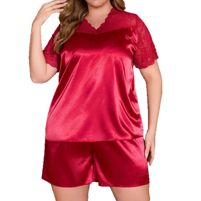 Plus Size Pajama Set Lace Short Sleeve Shorts — front view
