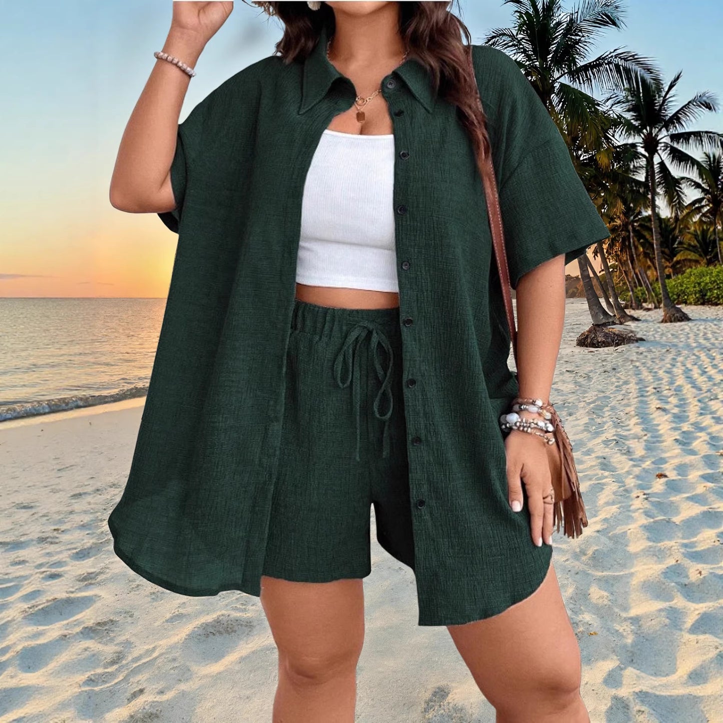 Plus Size Solid Color Vacation Button-Up Cardigan Shorts Set