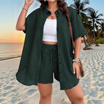 Plus Size Solid Color Vacation Button-Up Cardigan Shorts Set