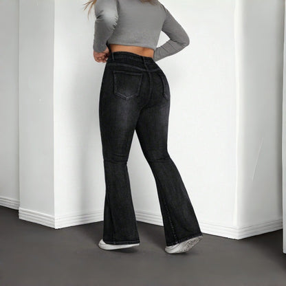 Plus Size Elastic Denim Flared Jeans — back view