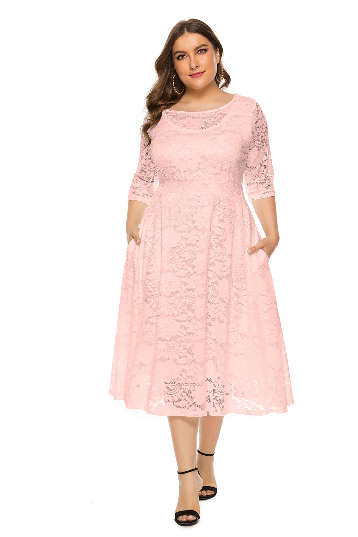 Plus Size Evening Dress Midi Cutout Lace Pocket Dress