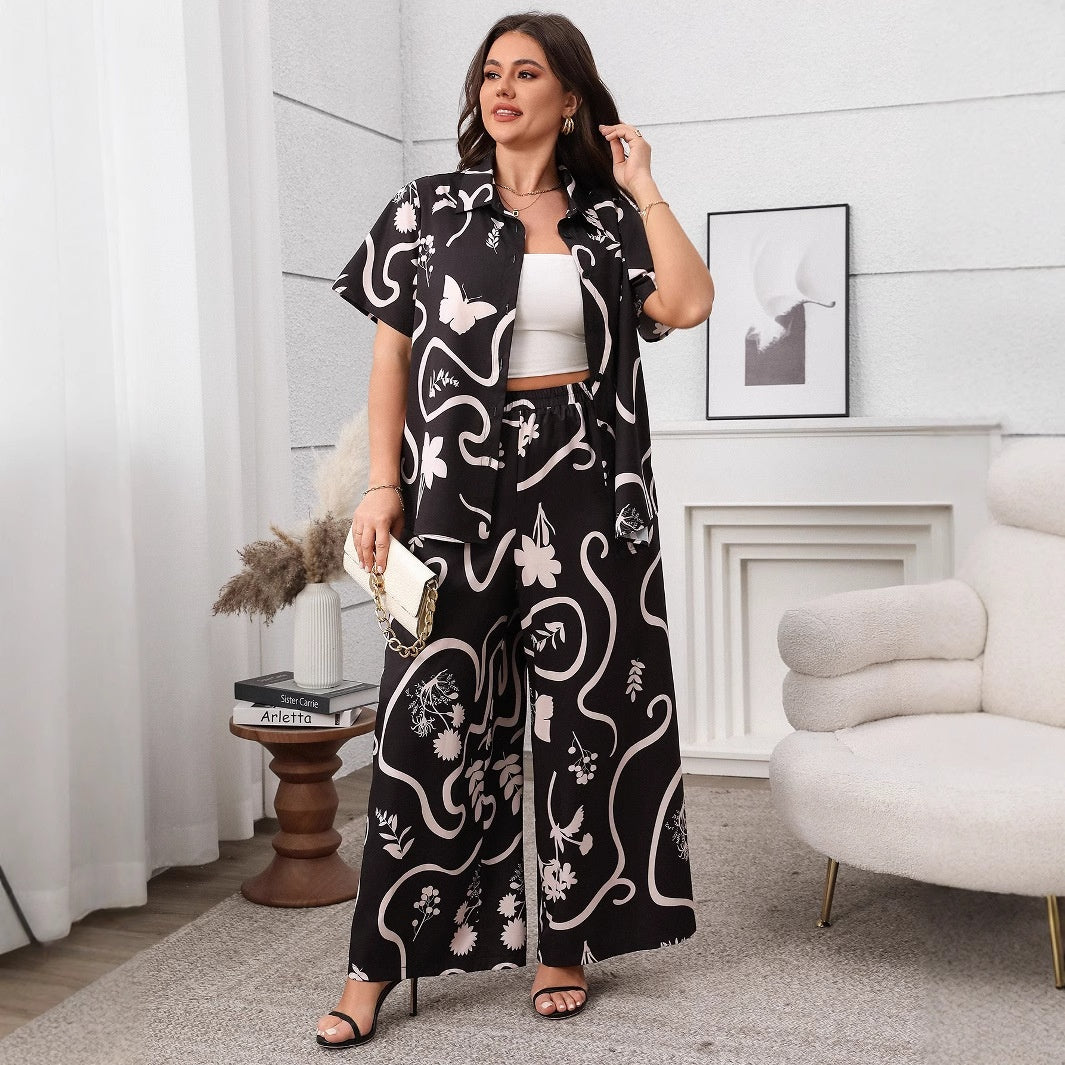 Plus Size Printed Loose Cardigan and Wide Leg Pants Set