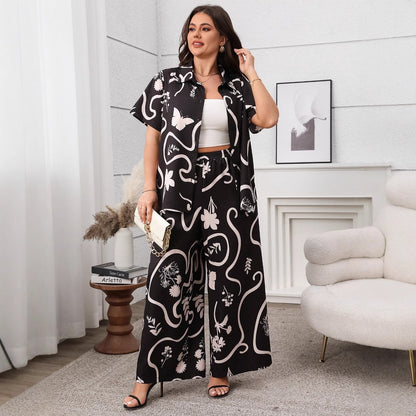 Plus Size Printed Loose Cardigan and Wide Leg Pants Set