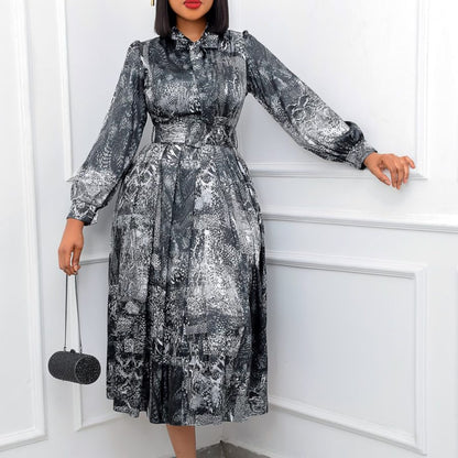 Plus Size Long Sleeve High Waist Printed Dress - Plus Size XL-4XL - View 2