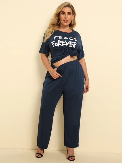 Plus Size Peace Forever Short Sleeve Top and Pants Set