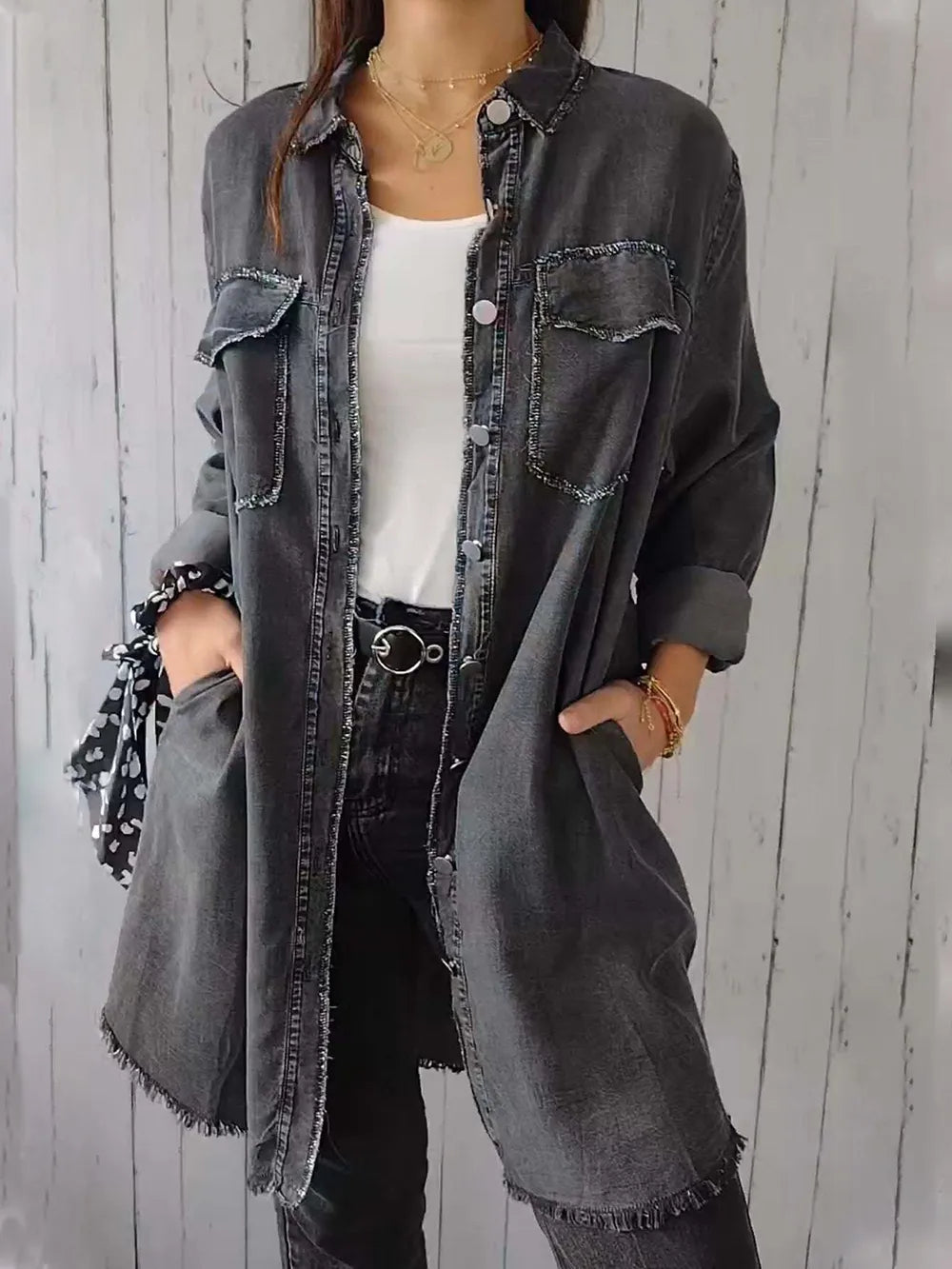 Plus Size Raw Hem Button Up Long Sleeve Denim Top