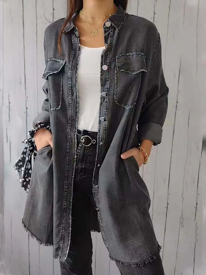Plus Size Raw Hem Button Up Long Sleeve Denim Top