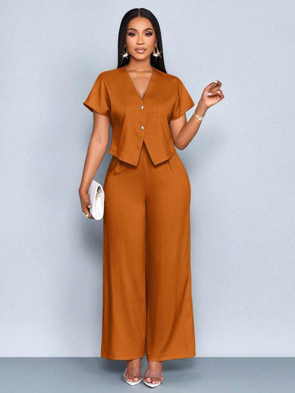Plus Size V-Neck Cardigan Wide Leg Pants Two-Piece Set