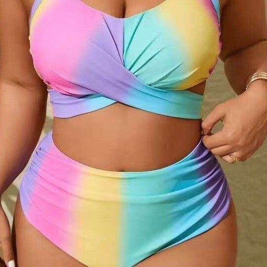 Plus Size Rainbow Stripe Two-Piece Bikini Swimwear