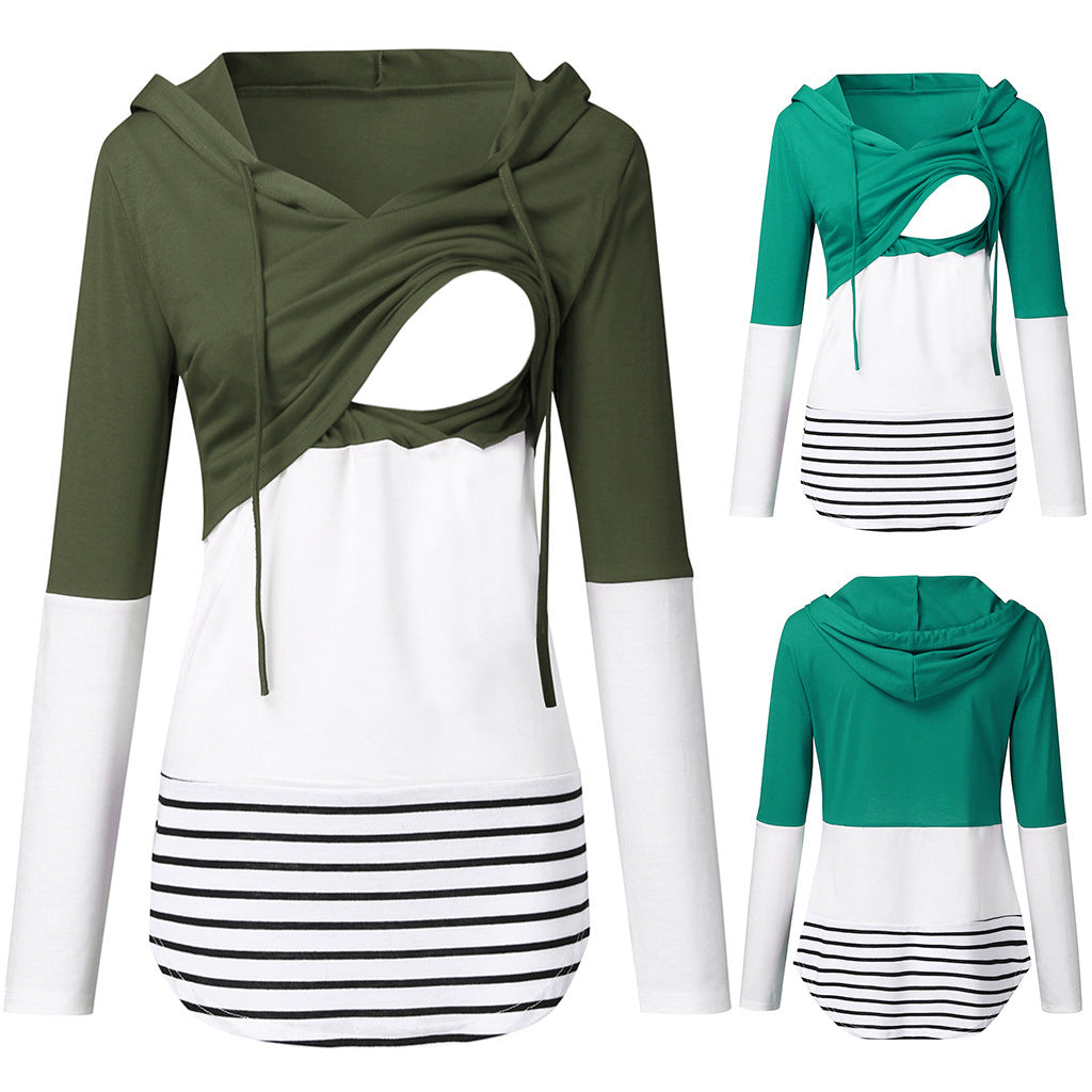 Maternity Autumn and Winter Colorblock Long Sleeve Hooded Nursing Jacket - Plus Size Clothing
