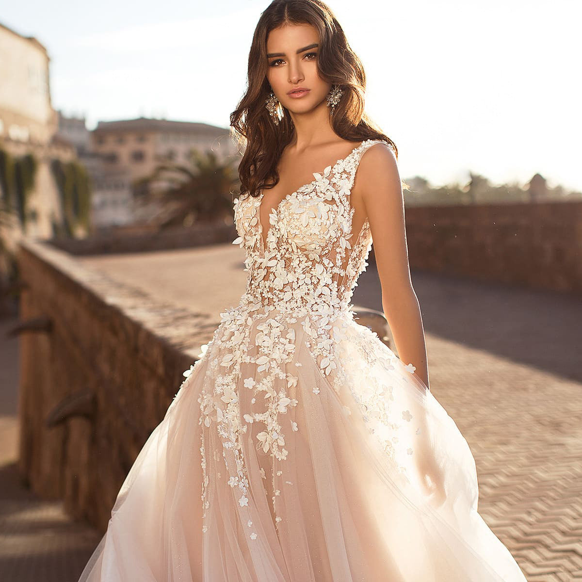 Plus Size Elegant Lace Sleeveless Deep V-Neck Wedding Dress