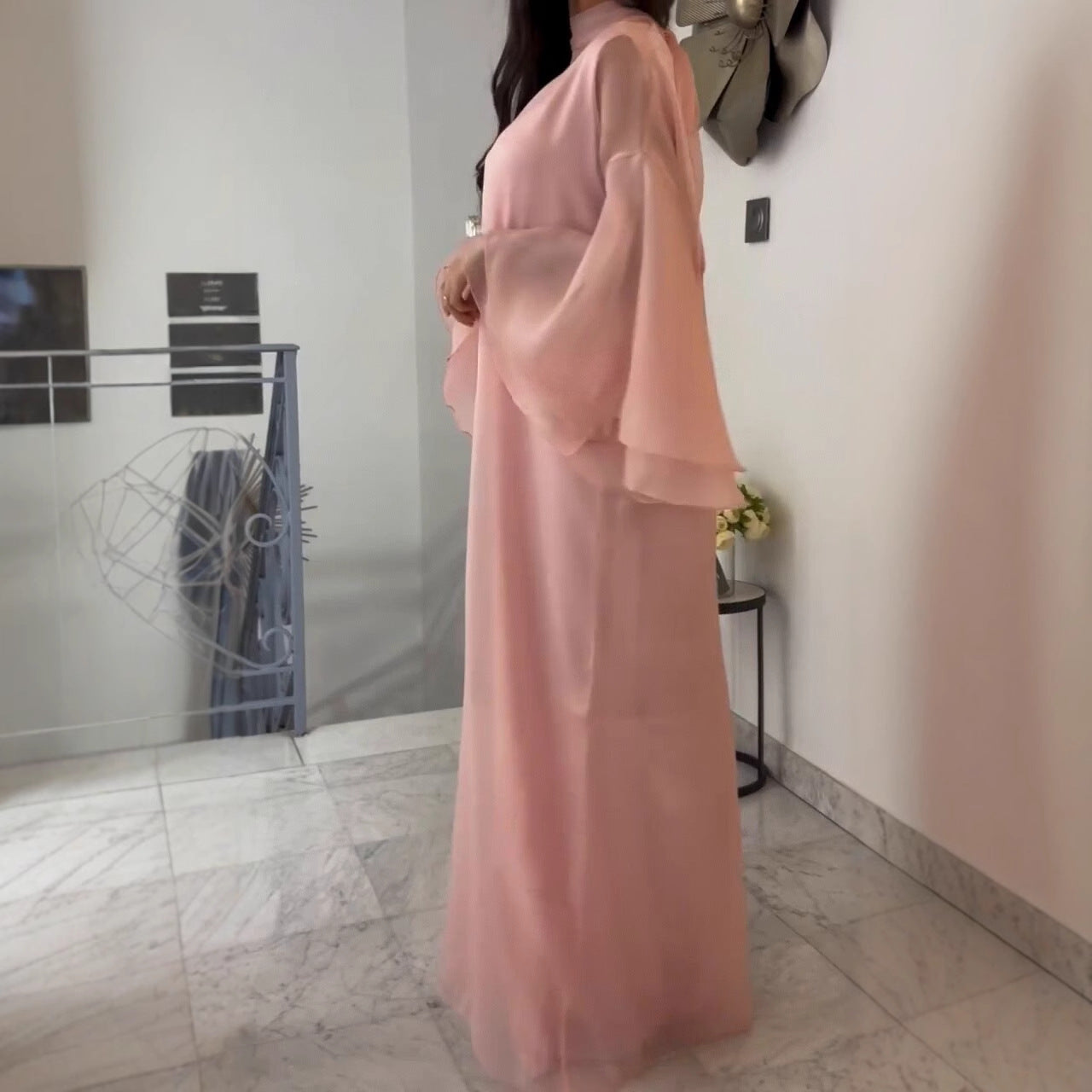 Plus Size Elegant Stand Collar Flare Sleeve Long Dress