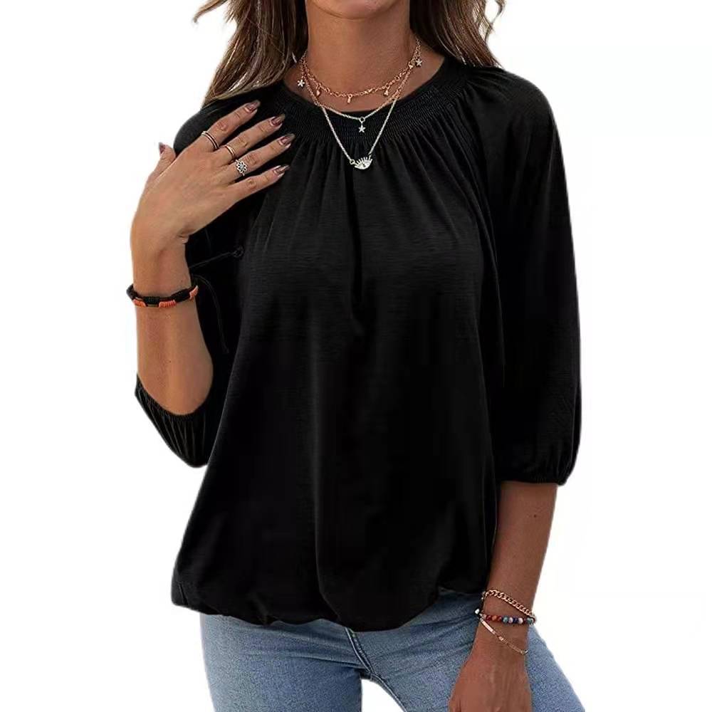 Plus Size Solid Round Neck 3/4 Sleeve Stretch T-Shirt