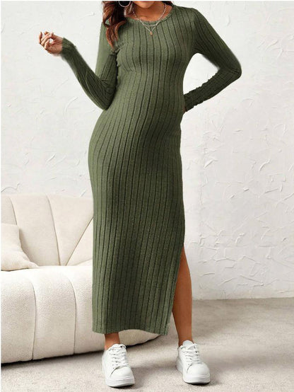 Maternity Dress with Round Neck Long Sleeve High Slit - Plus Size Clothing