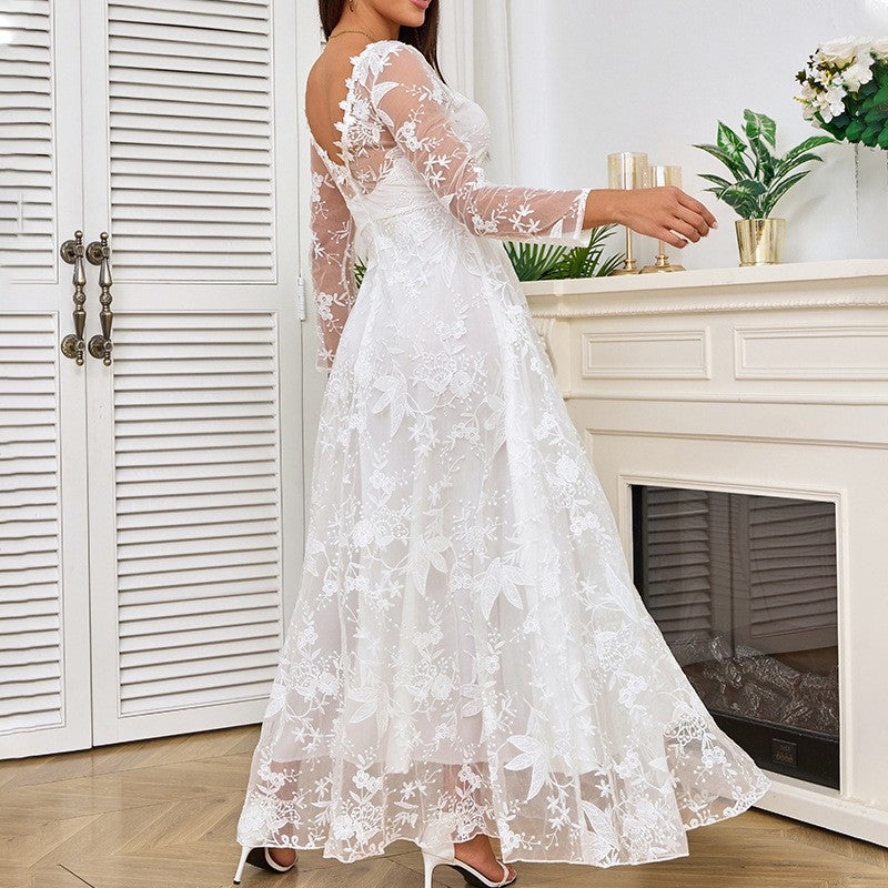 Plus Size Lace Long Sleeve One Shoulder Wedding Dress