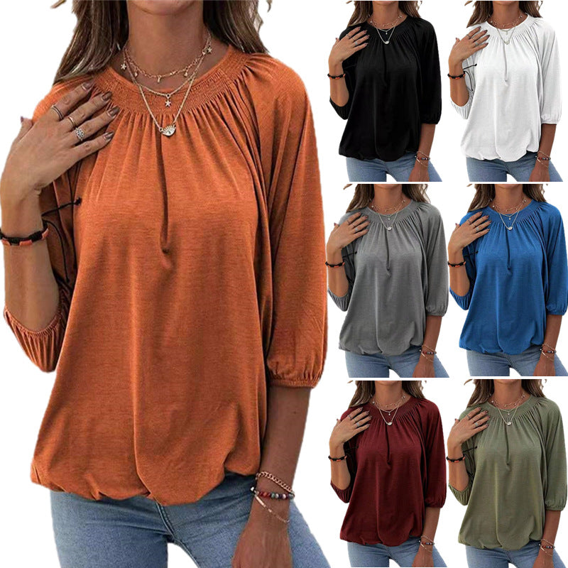 Plus Size Solid Round Neck 3/4 Sleeve Stretch T-Shirt