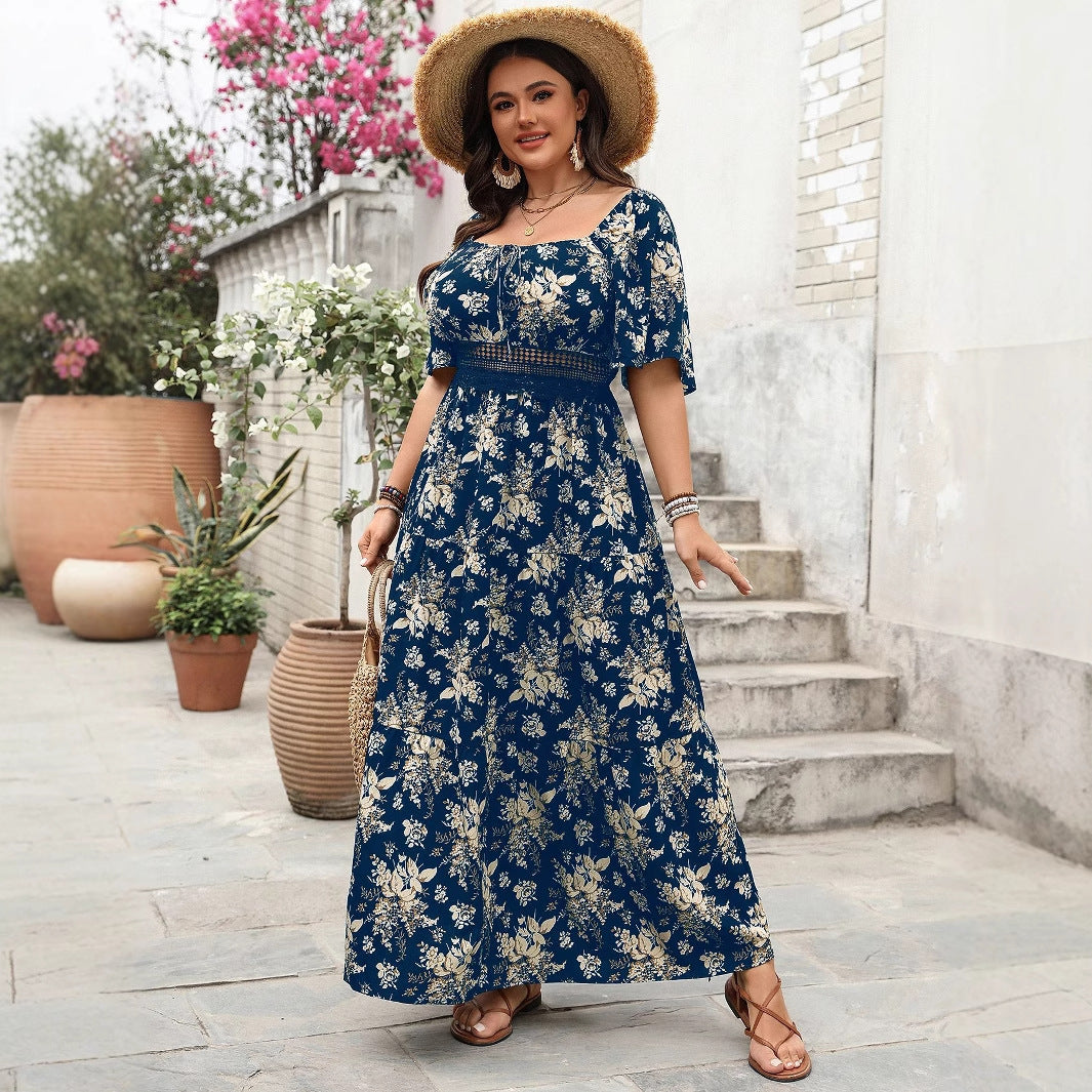 Plus Size Vintage Square Neck Short Sleeve Dress