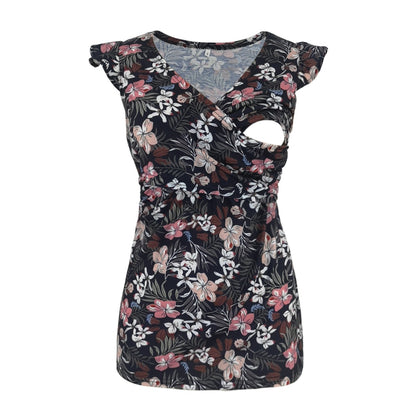 Plus Size Maternity Deep V-Neck Printed Breastfeeding Top