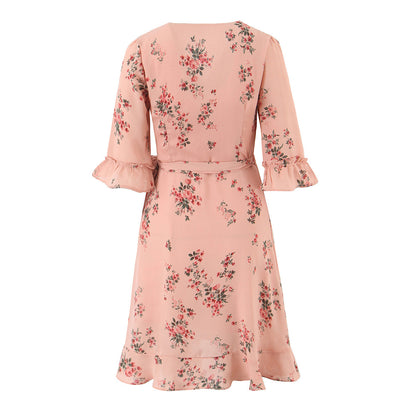 Plus Size V-Neck Ruffle Hem 3/4 Sleeve Dress